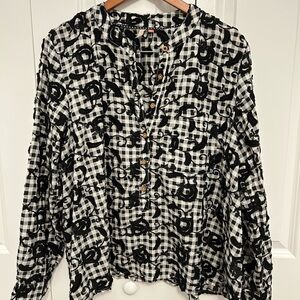 Pilcro Black and White Boho Blouse with‎ Mandarin Collar